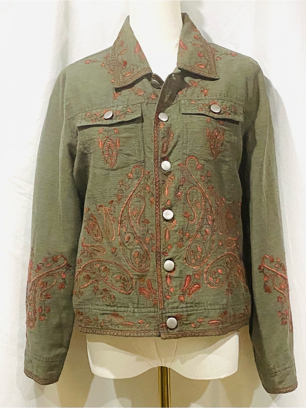 Vintage Carole Little Olive Green Silk Blend Jacket with Rust Embroidery Sz. Med